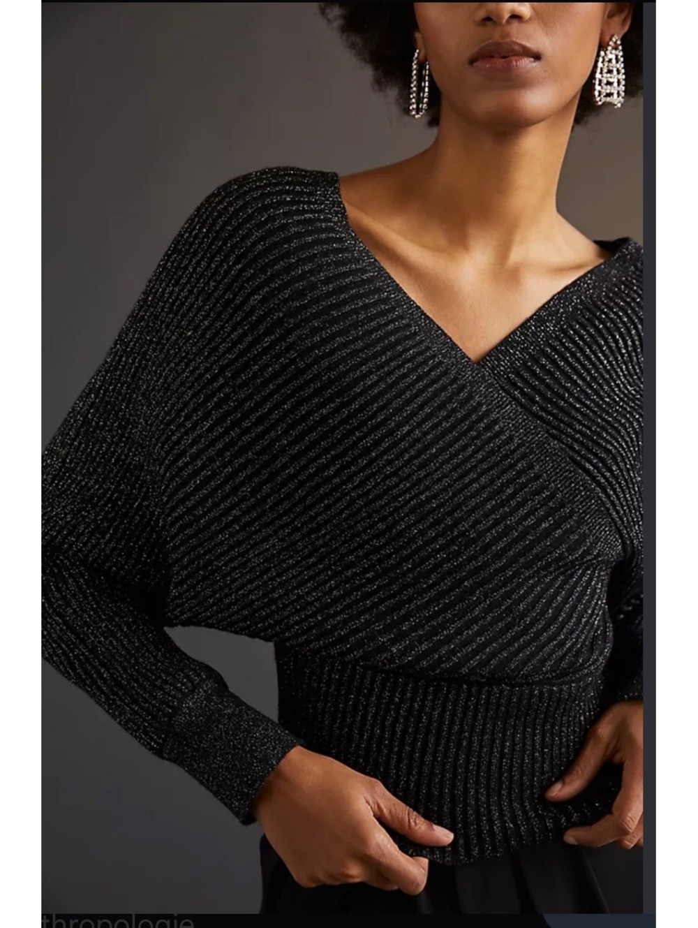 Anthropologie Black Sparkle Ribbed Wrap Sweater Size L